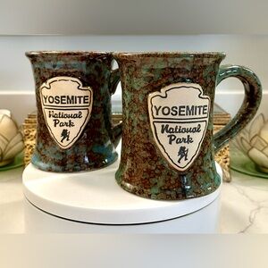 2 Handcrafted Stoneware Green/Blue Turquoise Yosemite National Park Mugs - NWT